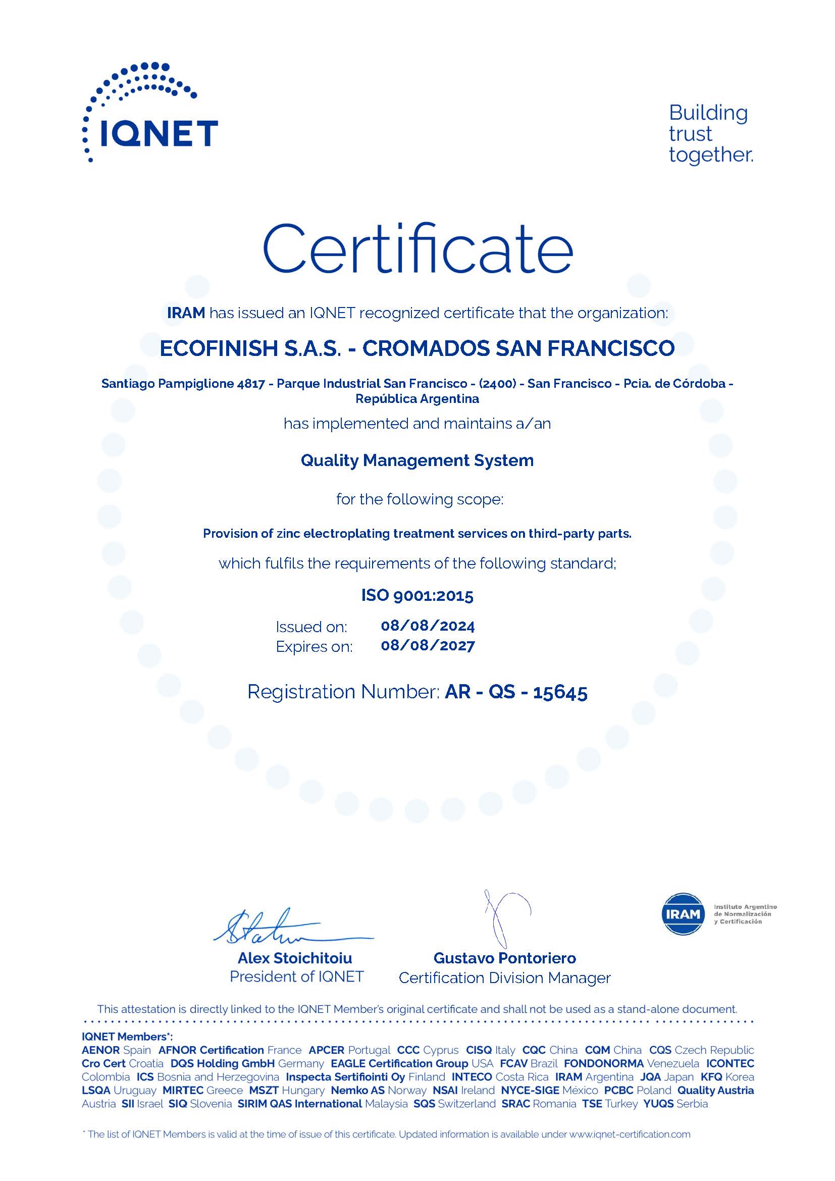 Certificado ISO 9001:2015 IQNET