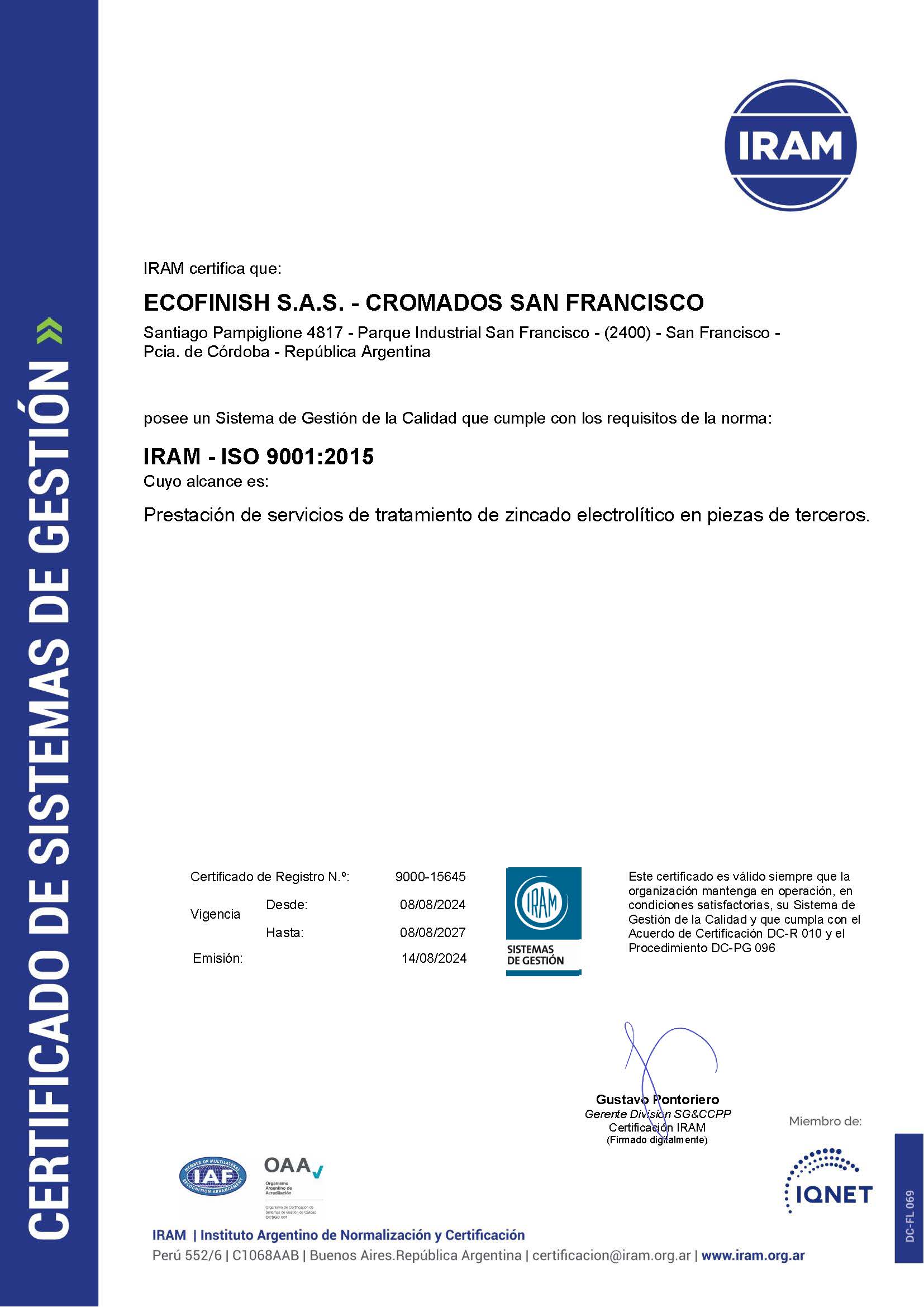 Certificado ISO 9001:2015 IRAM